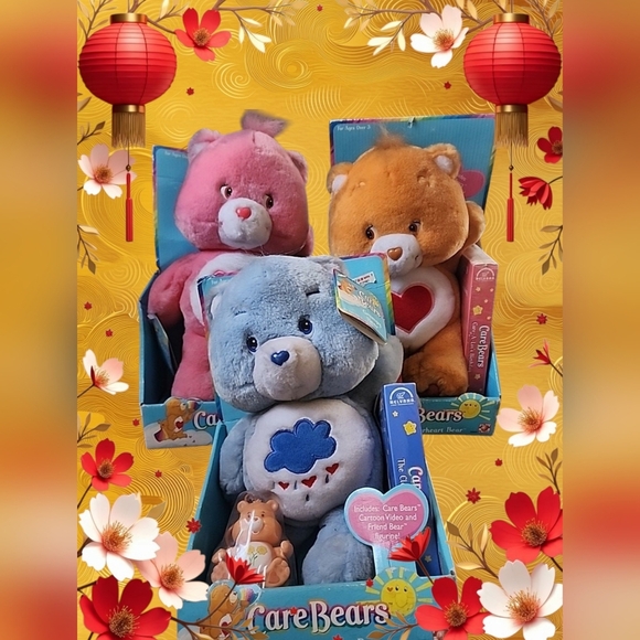 Vintage 2002 Care Bear Love-a-Lot Plush Bundle w/ VHS Tapes & Keychains - Picture 2 of 16